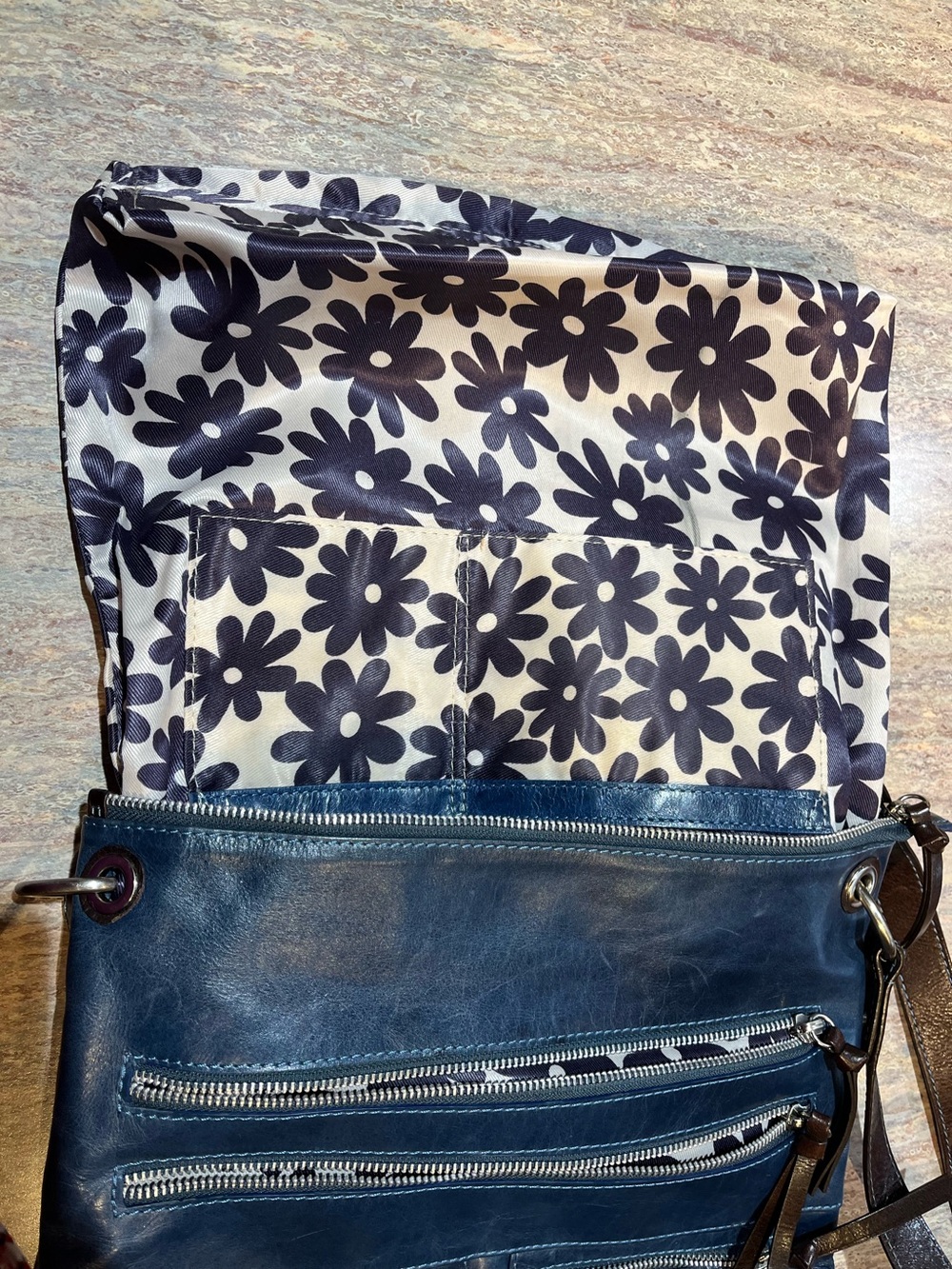 Nino BOSSI Women's Navy Leather Crossbody Bag, Dark Brown Leather Trim EUC - Picture 5 of 11